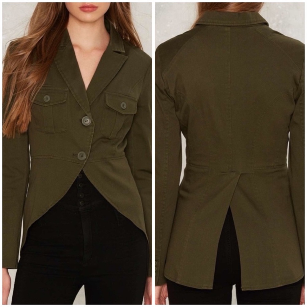 ☘️ Olive Green Twill Battalia Tulip Hem Utility Military Blazer Jacket